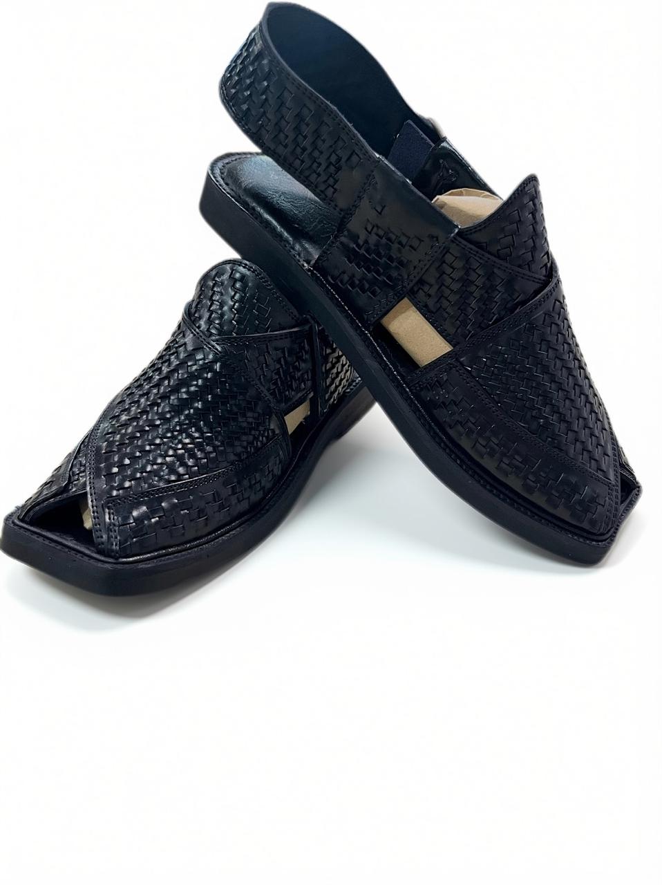 Black Woven Medium Sole Takidar Peshawari Chappal