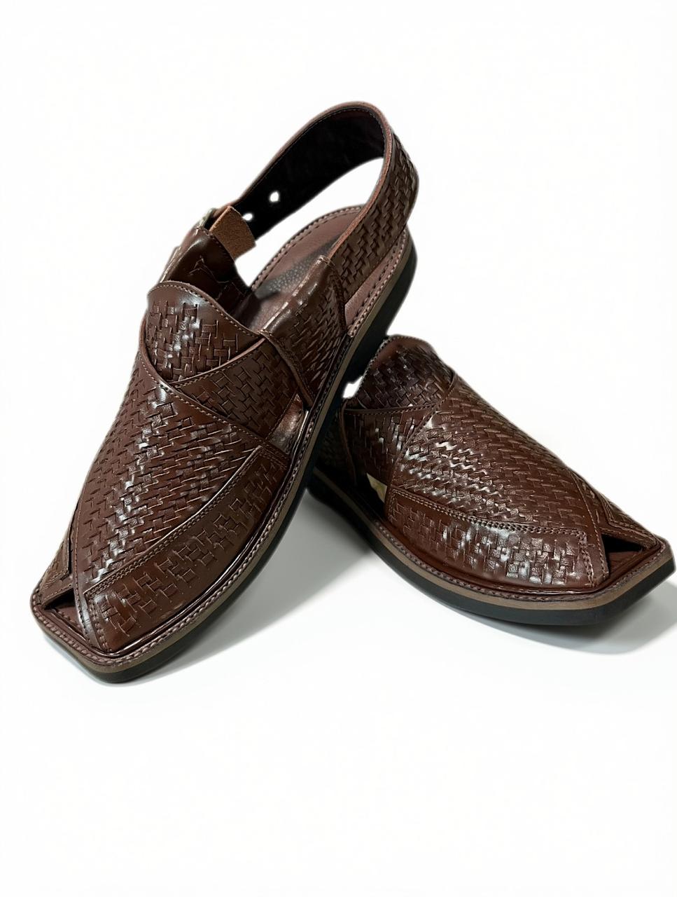 Chocolate Brown Woven Medium Sole Takidar Peshawari Chappal