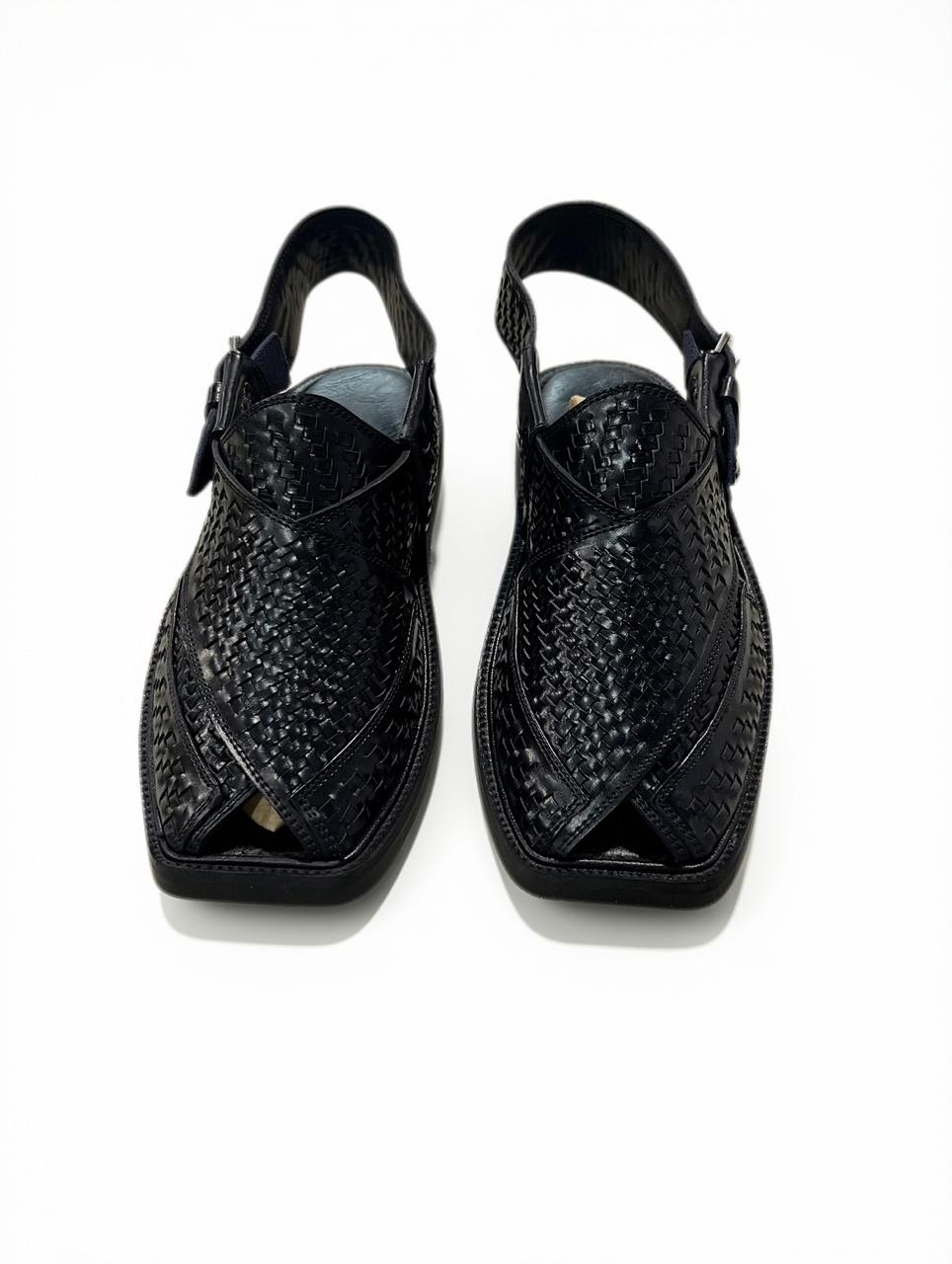 Black Woven Medium Sole Takidar Peshawari Chappal
